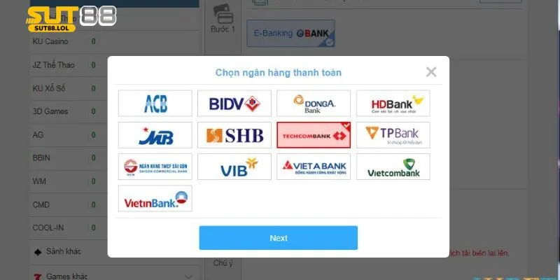 Điền thông tin nạp tiền SUT88 theo hướng dẫn